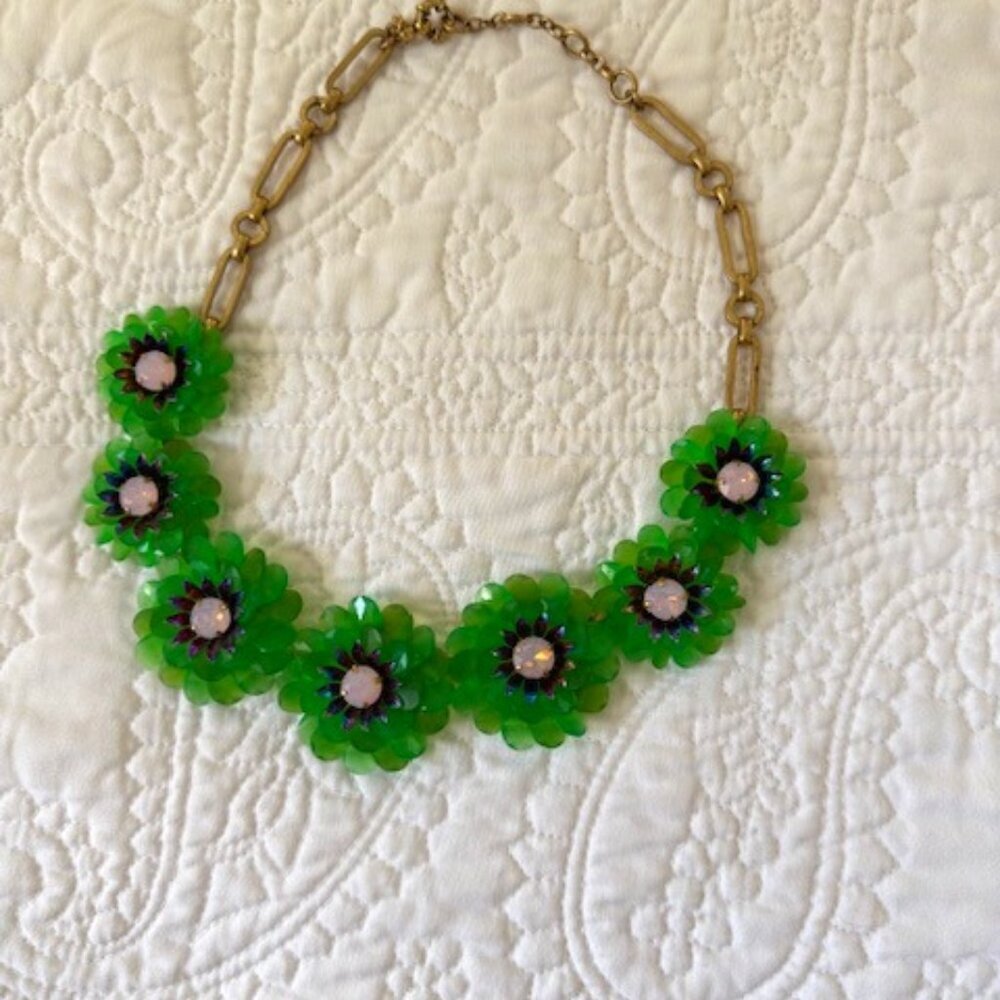 J-Crew Statement Necklace Neon Green Floral Brass 20" Zinnias Dopamine Y2K 2000s